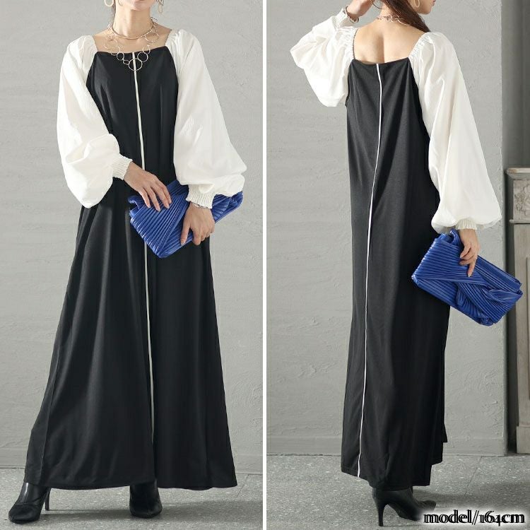 大きいサイズ レディース 袖切替パイピングロングワンピース　maru-6704