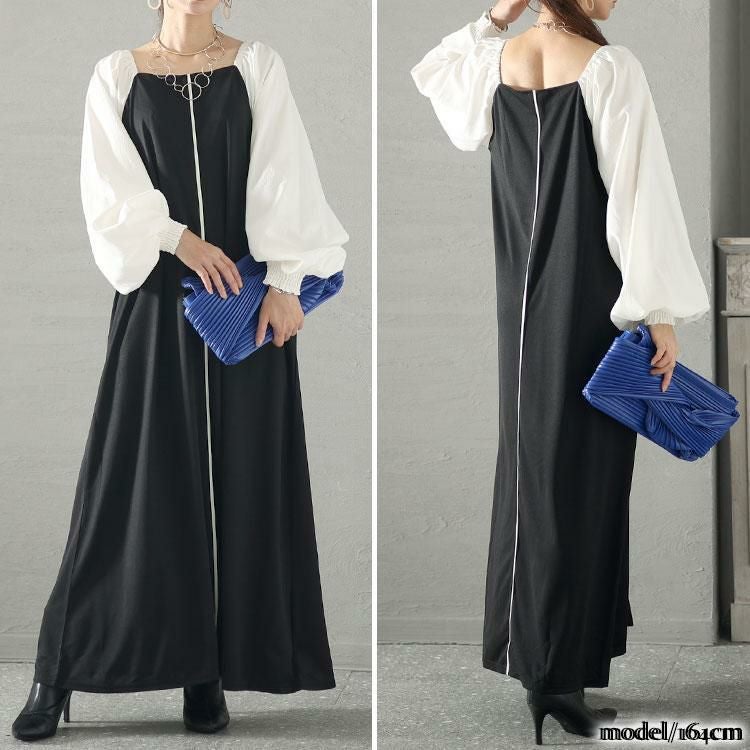 大きいサイズ レディース 袖切替パイピングロングワンピース　maru-6704 ブラック