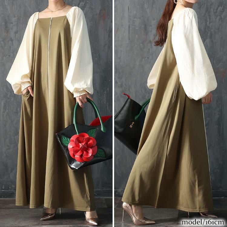 大きいサイズ レディース 袖切替パイピングロングワンピース　maru-6704 ベージュ