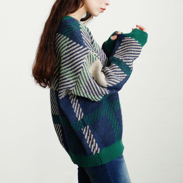 大きいサイズ レディース チェックジャガードニット　bro-0022