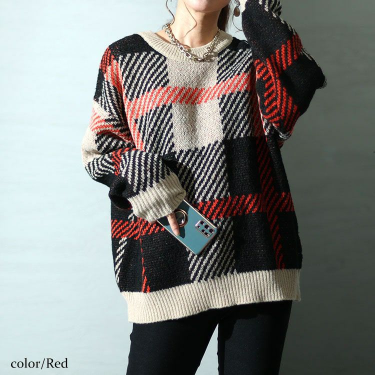大きいサイズ レディース チェックジャガードニット　bro-0022