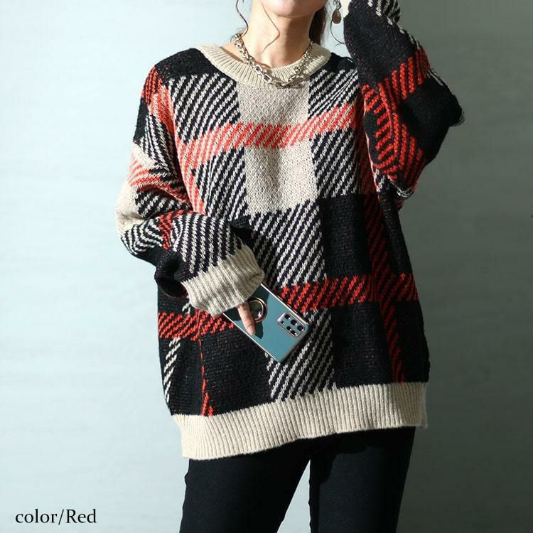 大きいサイズ レディース チェックジャガードニット　bro-0022 レッド