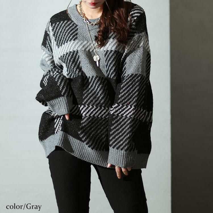 大きいサイズ レディース チェックジャガードニット　bro-0022 グレー