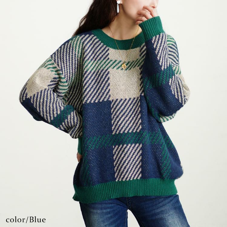 大きいサイズ レディース チェックジャガードニット　bro-0022 ブルー