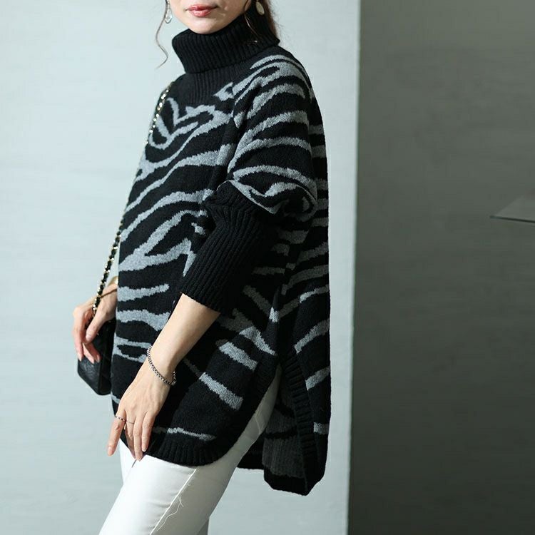 大きいサイズ レディース ゼブラ柄タートルドルマンニット　bro-0021