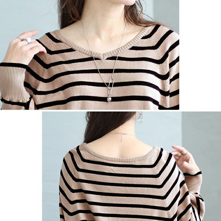 大きいサイズ レディース Vネックボーダードルマンニット　wn-0198