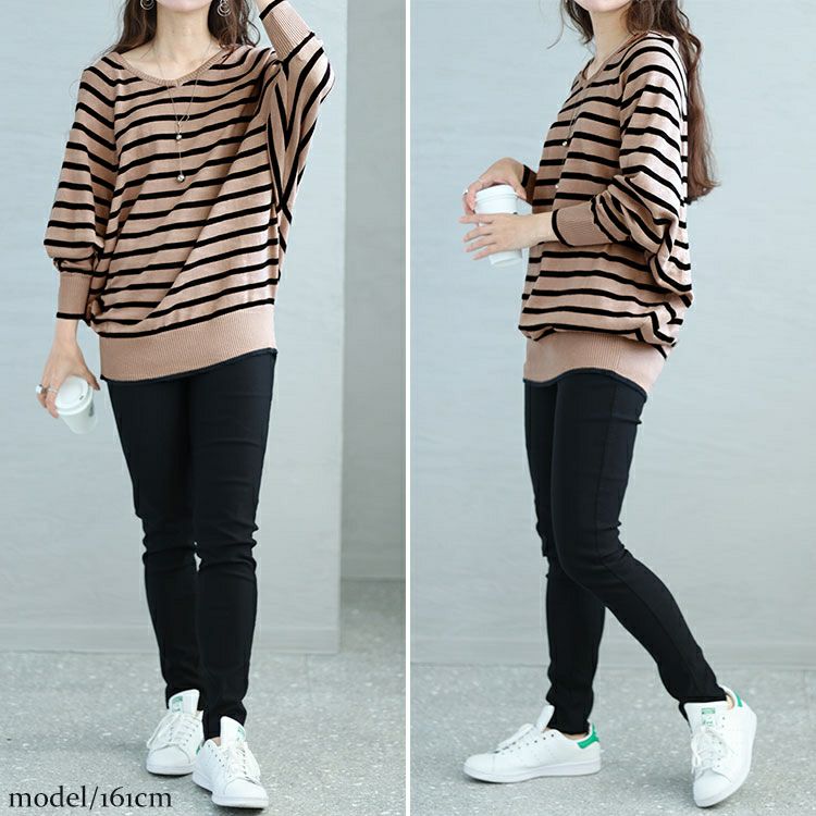 大きいサイズ レディース Vネックボーダードルマンニット　wn-0198