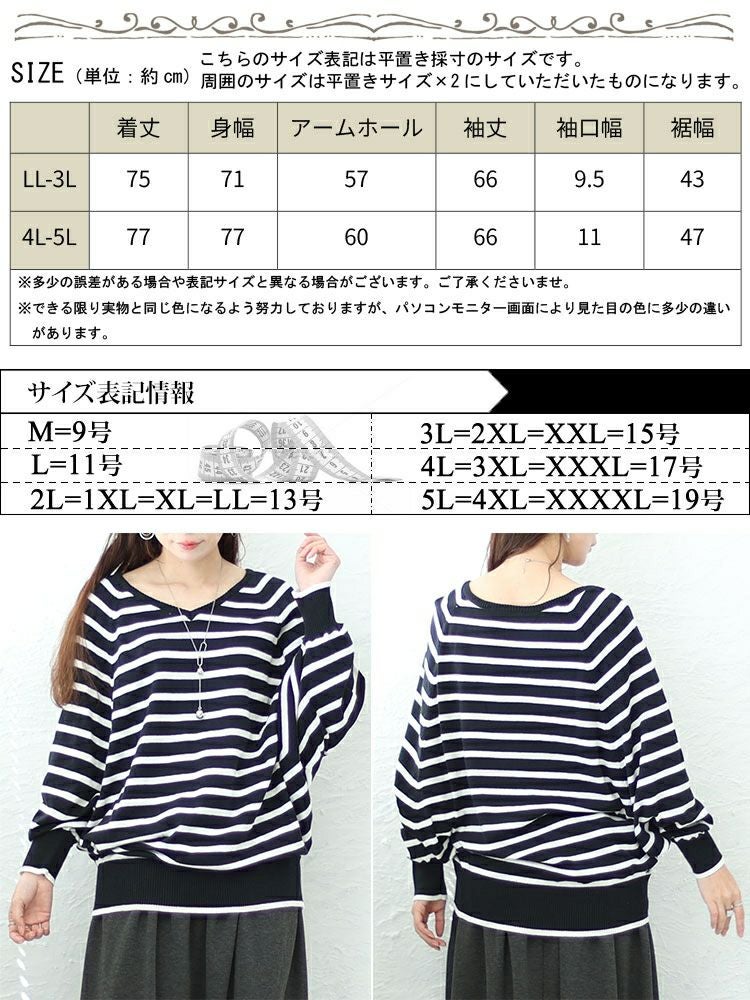 大きいサイズ レディース Vネックボーダードルマンニット　wn-0198