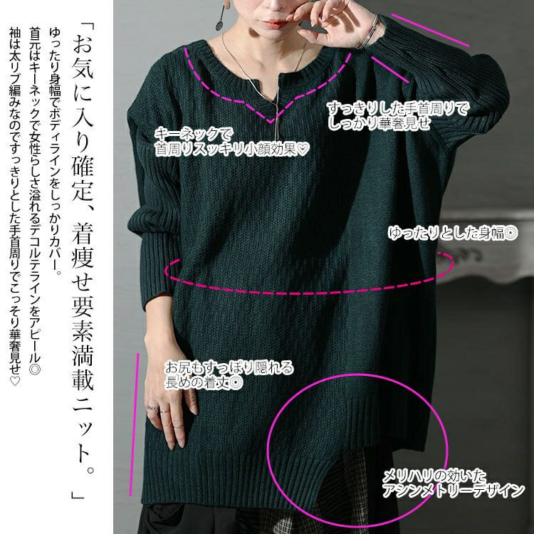 大きいサイズ レディース 編地切替キーネックドルマンニットチュニック　maru-3003