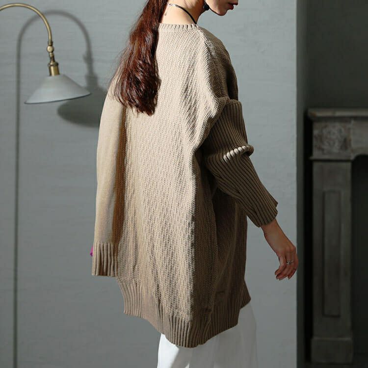 大きいサイズ レディース 編地切替キーネックドルマンニットチュニック　maru-3003