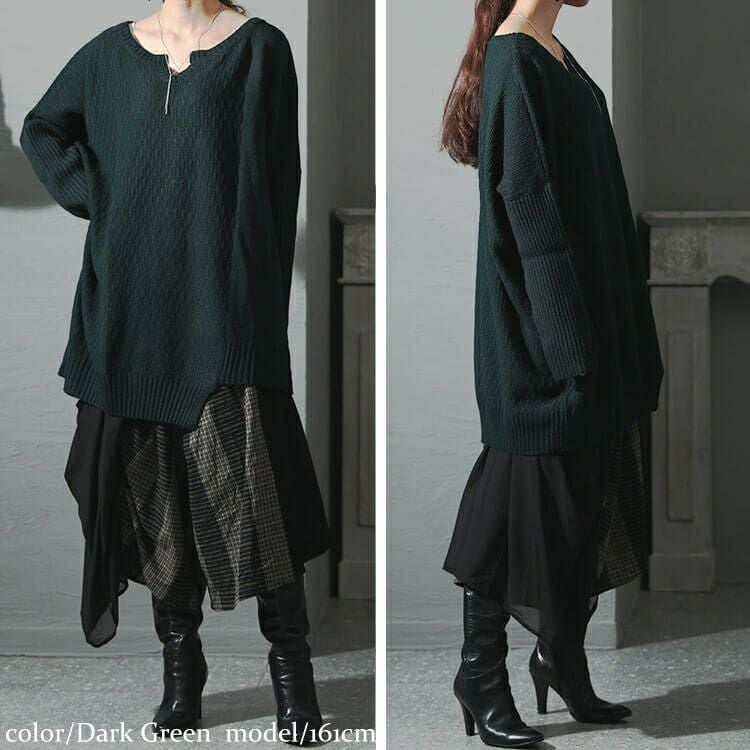 大きいサイズ レディース 編地切替キーネックドルマンニットチュニック　maru-3003
