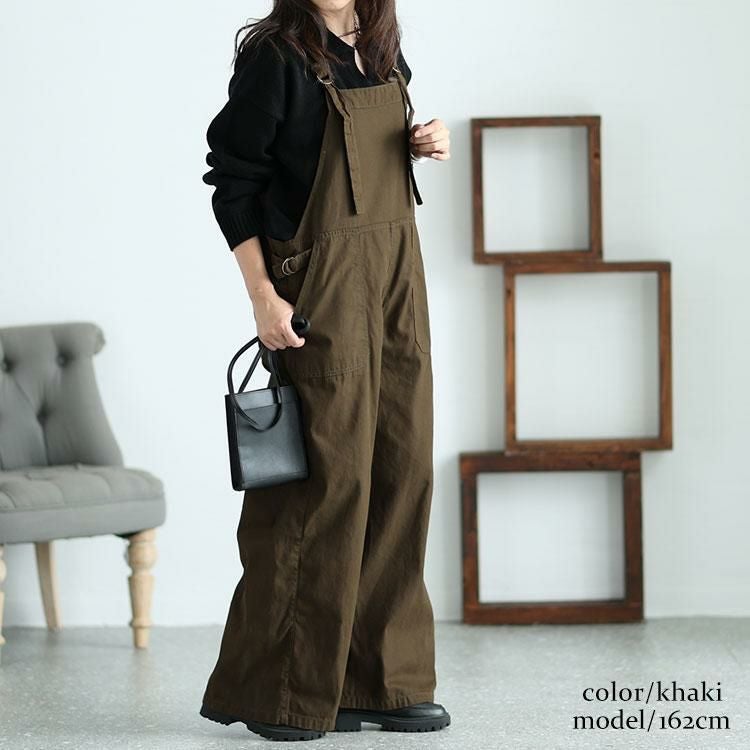 大きいサイズ レディース ベイカーワイドサロペットパンツ　wc-0333 カーキ