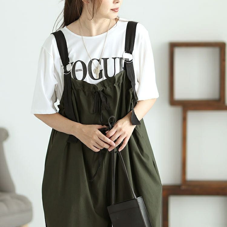 大きいサイズ レディース 胸元ギャザーワイドサロペット　jps010