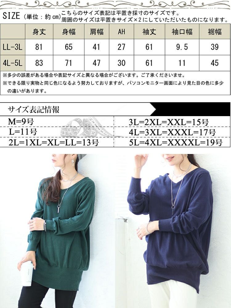 大きいサイズ レディース Vネックドルマンニット　wn-0003 【メール便可】