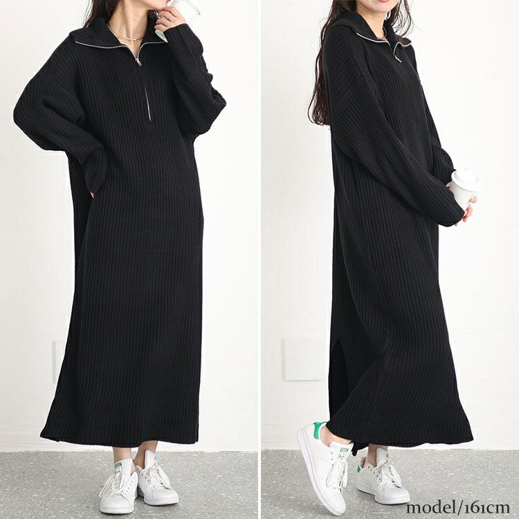 大きいサイズ レディース リブハーフジップワンピース　sada-6888
