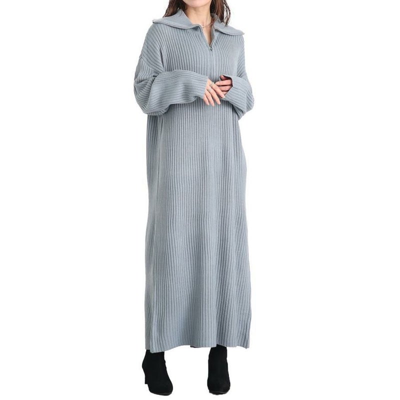 大きいサイズ レディース リブハーフジップワンピース　sada-6888 ブルー