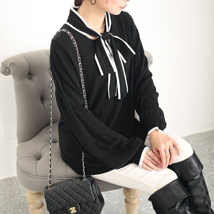 大きいサイズ レディース ライン入りボウタイニット　fem-419