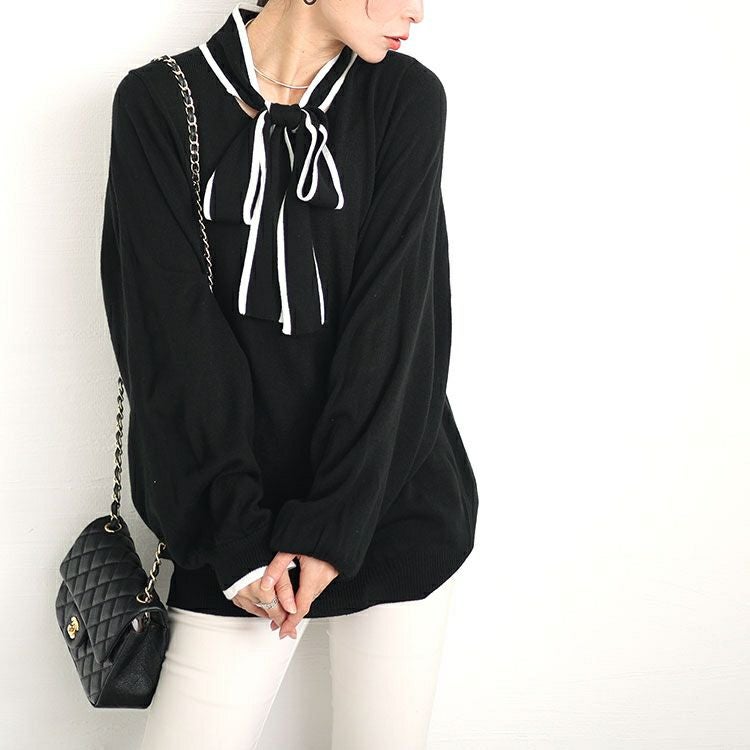 大きいサイズ レディース ライン入りボウタイニット　fem-419