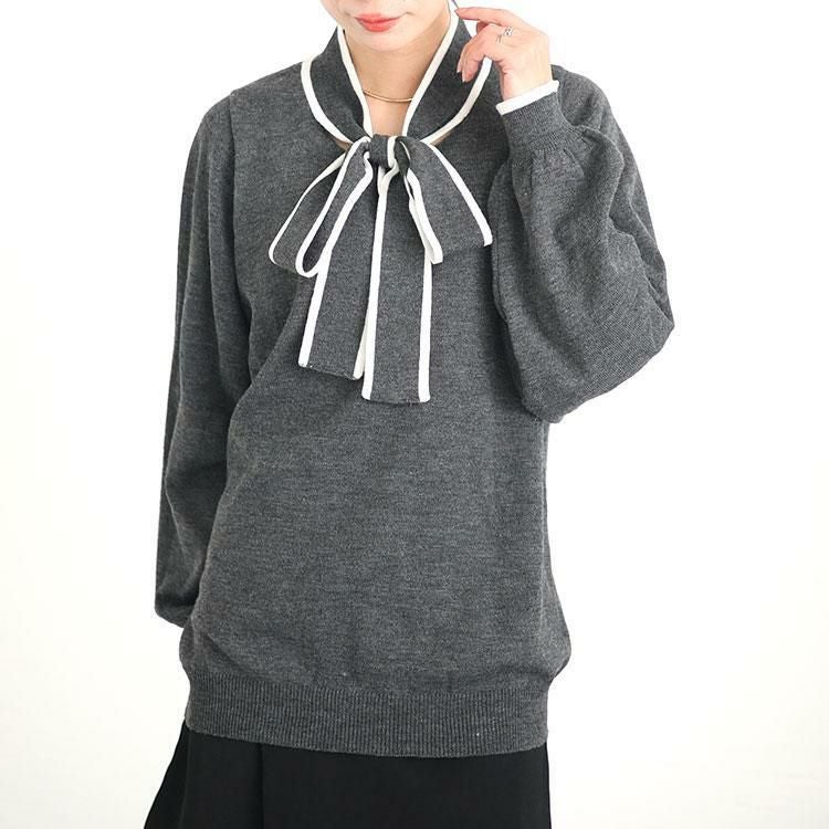 大きいサイズ レディース ライン入りボウタイニット　fem-419 グレー