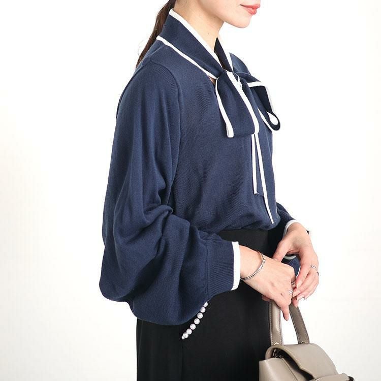 大きいサイズ レディース ライン入りボウタイニット　fem-419 ネイビー