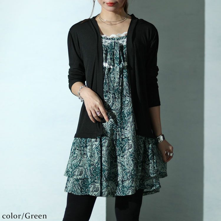 大きいサイズ レディース カーデフェイクレースエスニック柄チュニックワンピース　gold935