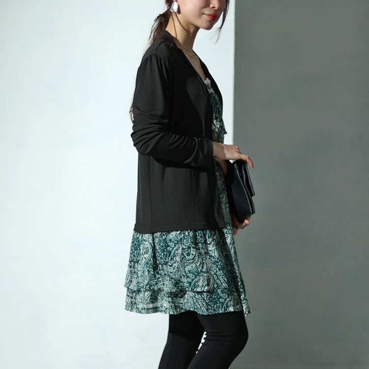 大きいサイズ レディース カーデフェイクレースエスニック柄チュニックワンピース　gold935