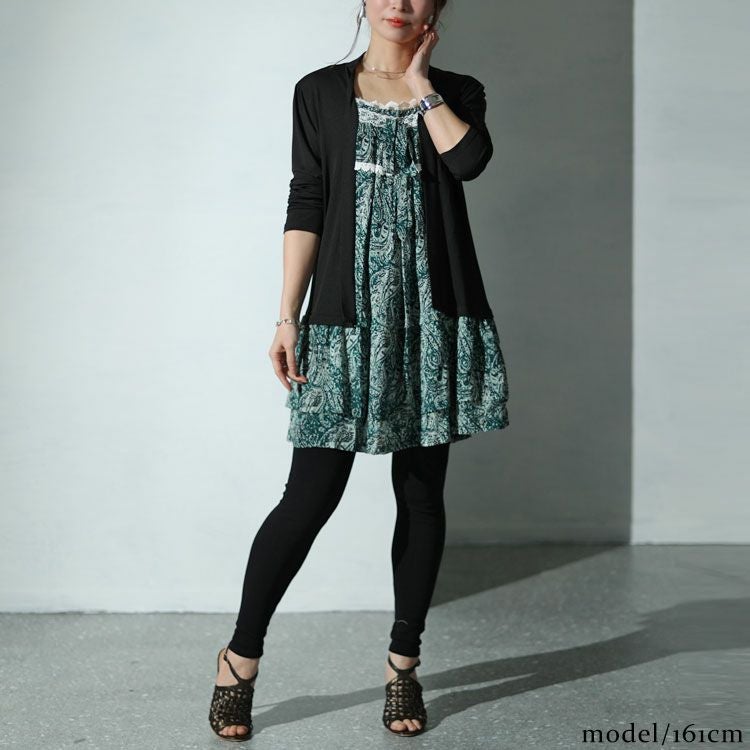 大きいサイズ レディース カーデフェイクレースエスニック柄チュニックワンピース　gold935