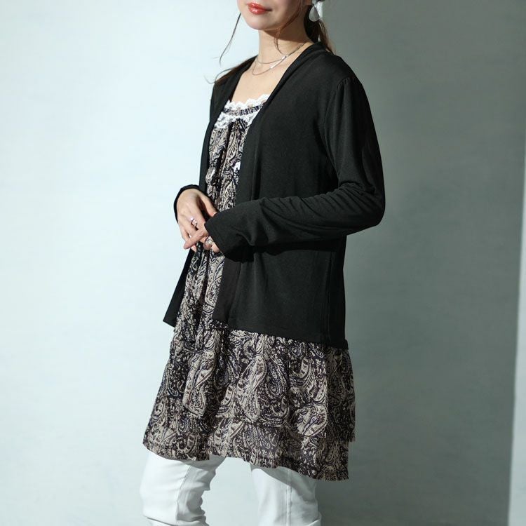 大きいサイズ レディース カーデフェイクレースエスニック柄チュニックワンピース　gold935