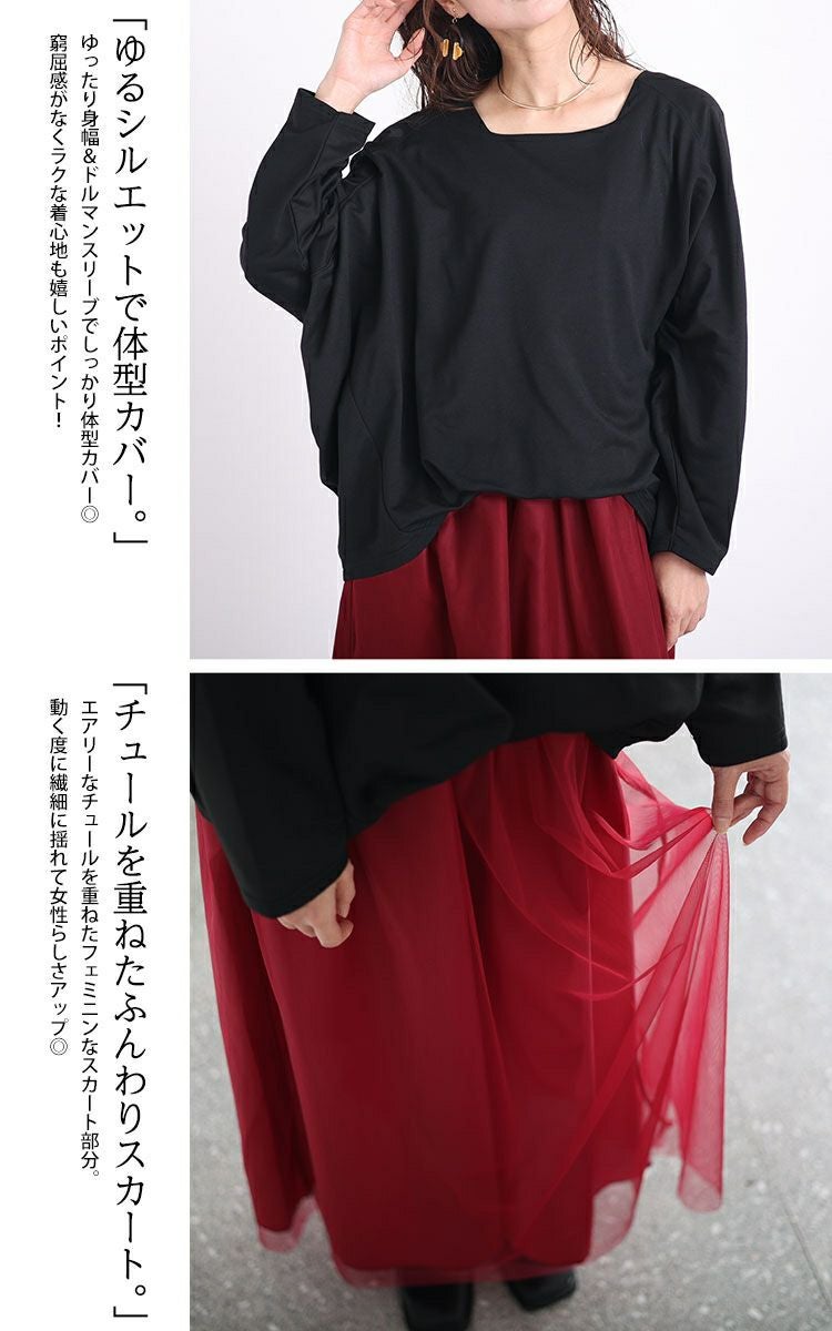 大きいサイズ レディース ドルマン袖チュールドッキングワンピース　sw-0575