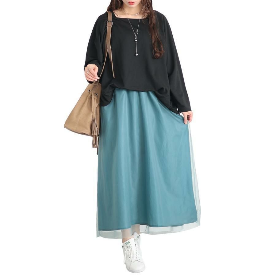 大きいサイズ レディース ドルマン袖チュールドッキングワンピース　sw-0575 グリーン