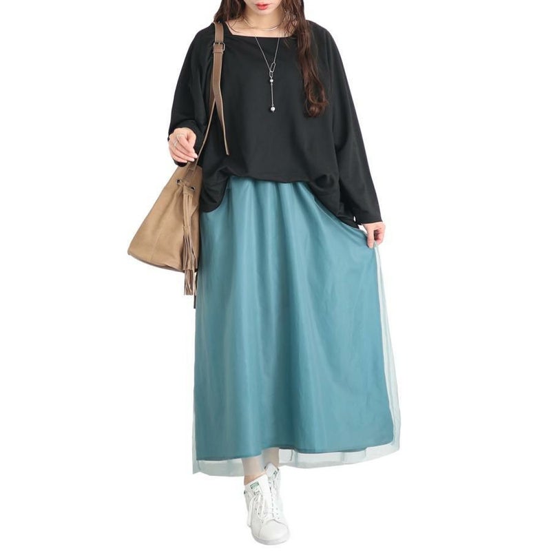 大きいサイズ レディース ドルマン袖チュールドッキングワンピース　sw-0575 グリーン