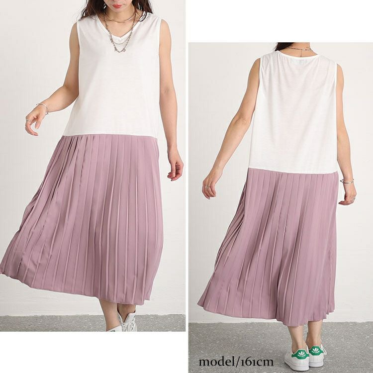 大きいサイズ レディース バックスリットニット＆プリーツ切替えワンピースセット　fem-410