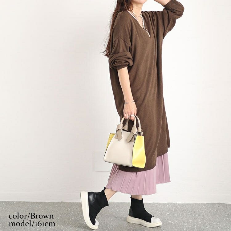 大きいサイズ レディース バックスリットニット＆プリーツ切替えワンピースセット　fem-410