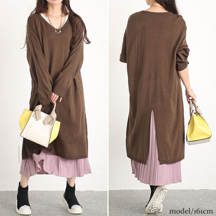 大きいサイズ レディース バックスリットニット＆プリーツ切替えワンピースセット　fem-410