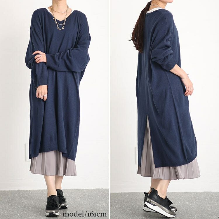 大きいサイズ レディース バックスリットニット＆プリーツ切替えワンピースセット　fem-410