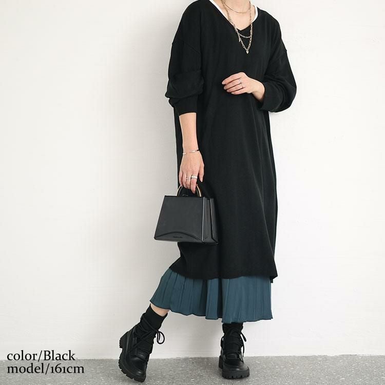 大きいサイズ レディース バックスリットニット＆プリーツ切替えワンピースセット　fem-410 ブラック