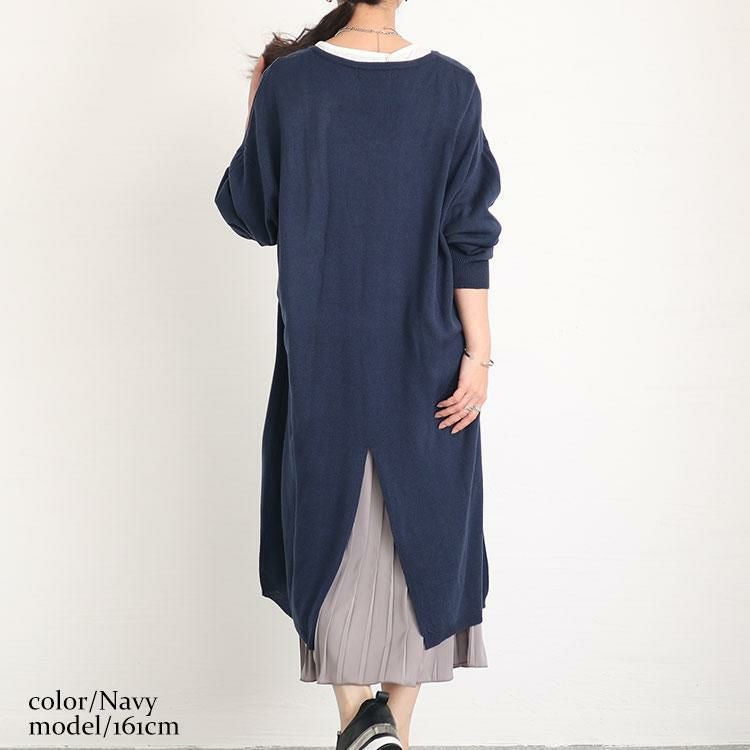 大きいサイズ レディース バックスリットニット＆プリーツ切替えワンピースセット　fem-410 ネイビー
