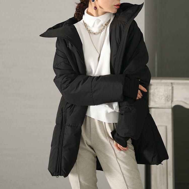 大きいサイズ レディース フード付きロングファイバーダウンコート　mnfk-532810 ブラック