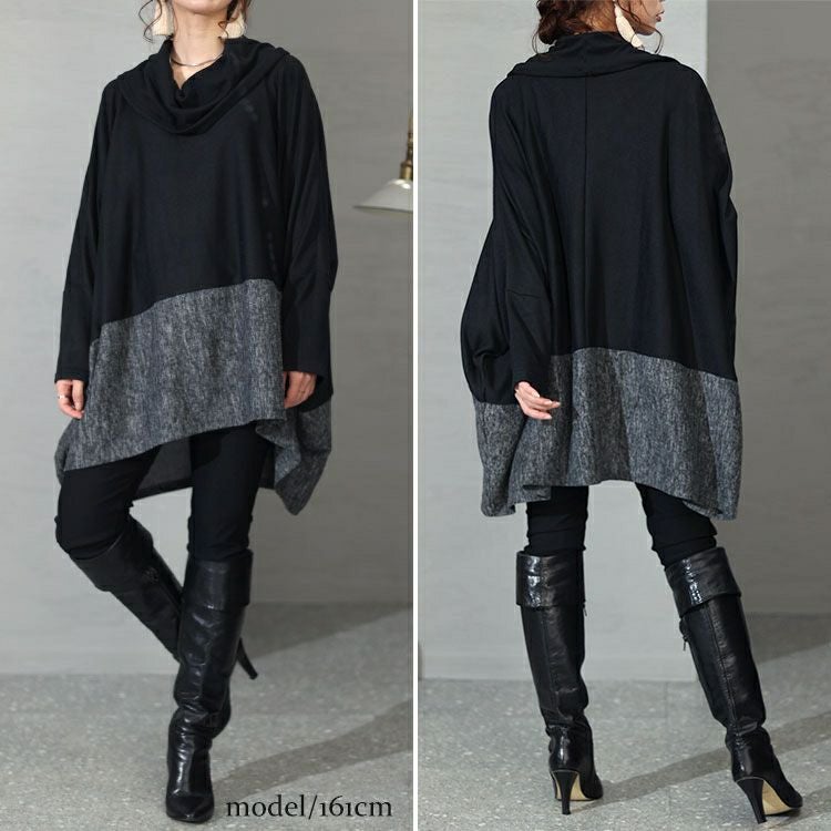 大きいサイズ レディース バイカラーオフタートルドルマントップス　cast-5536046