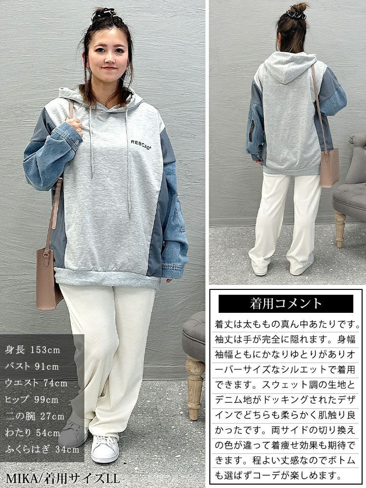 大きいサイズ レディース デニムミックスパーカー　goldy-1408