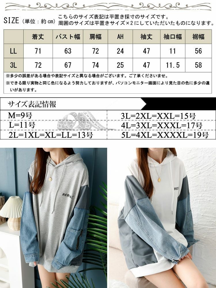 大きいサイズ レディース デニムミックスパーカー　goldy-1408