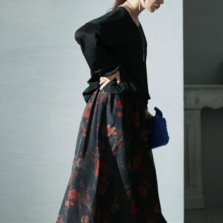 大きいサイズ レディース オーガンジー花柄Vネックドッキングワンピース　nw-23041