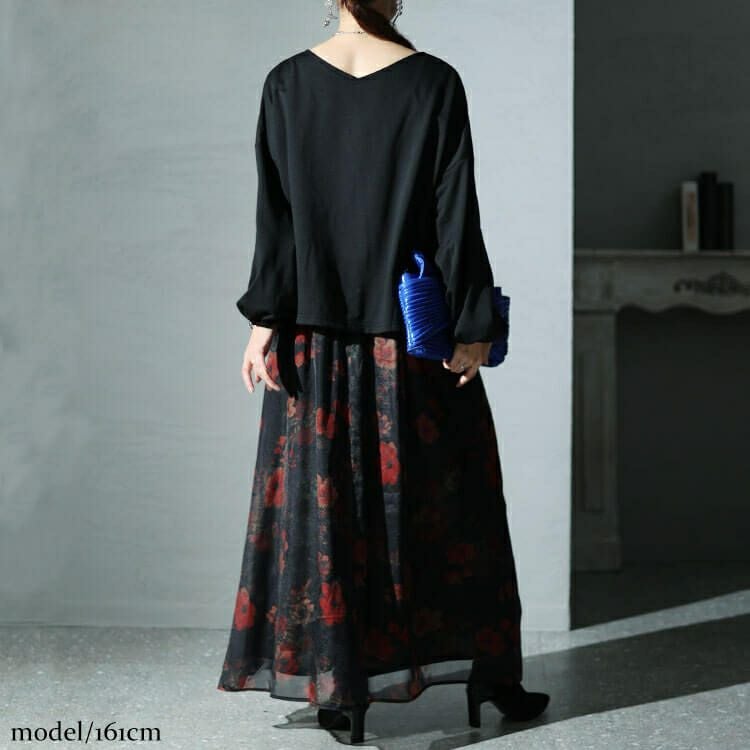 大きいサイズ レディース オーガンジー花柄Vネックドッキングワンピース　nw-23041