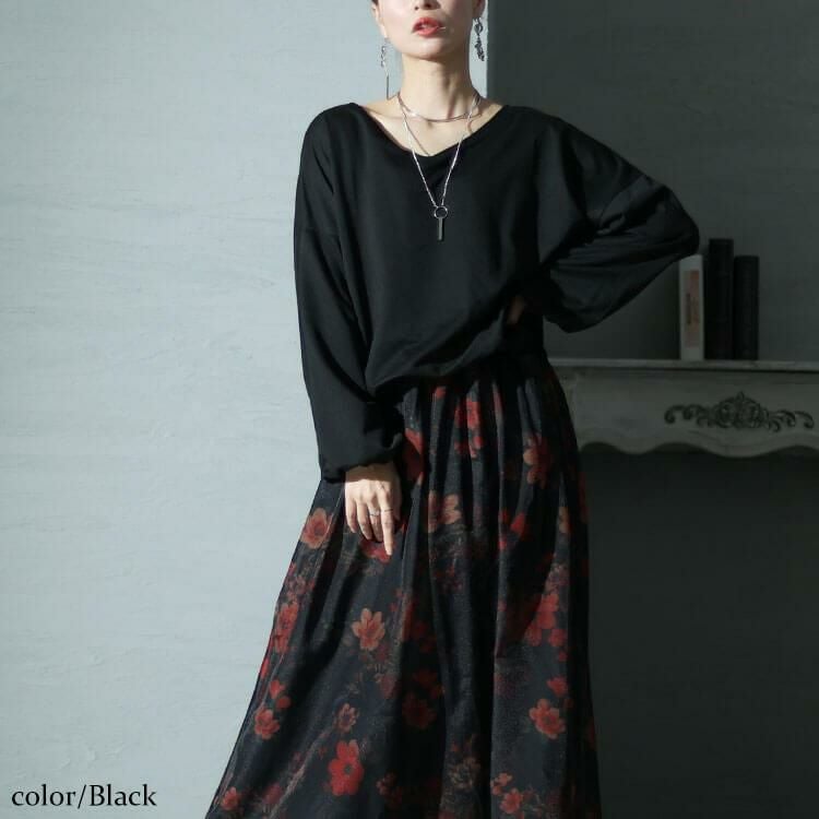 大きいサイズ レディース オーガンジー花柄Vネックドッキングワンピース　nw-23041 ブラック