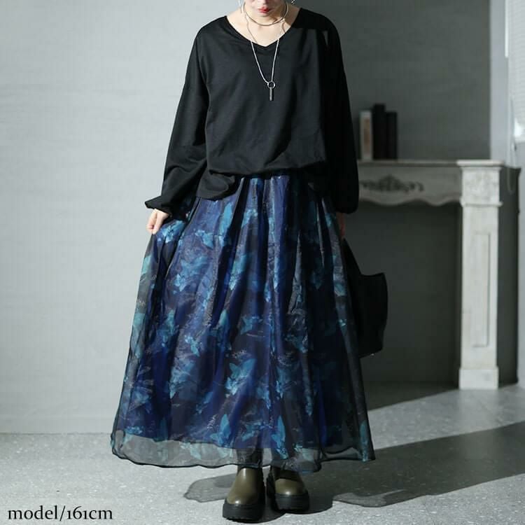 大きいサイズ レディース オーガンジー花柄Vネックドッキングワンピース　nw-23041 ブルー