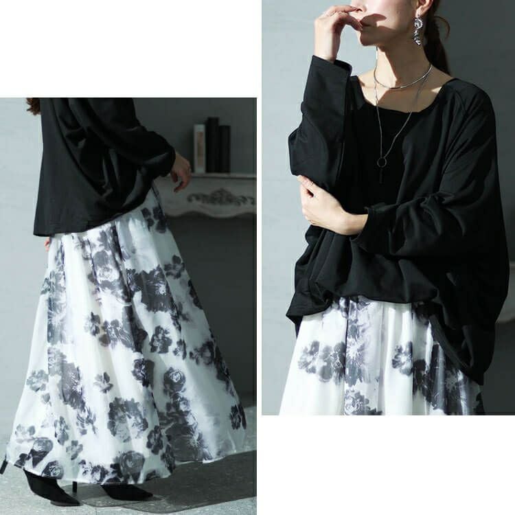 大きいサイズ レディース オーガンジー花柄スクエアネックドッキングワンピース　nw-23040