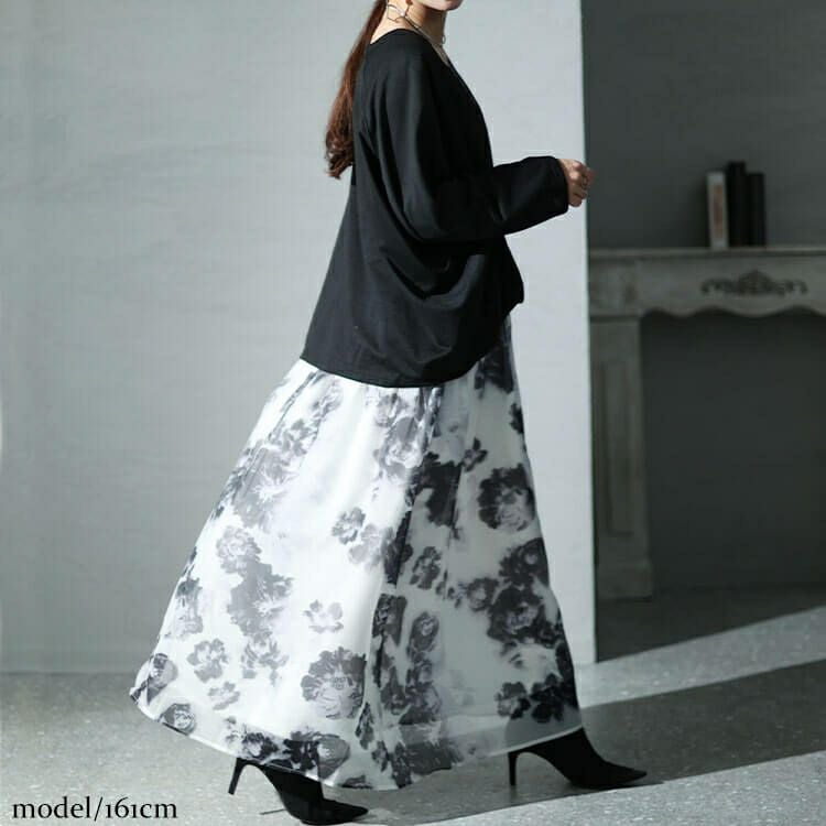 大きいサイズ レディース オーガンジー花柄スクエアネックドッキングワンピース　nw-23040