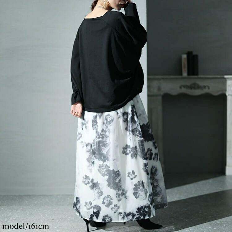 大きいサイズ レディース オーガンジー花柄スクエアネックドッキングワンピース　nw-23040