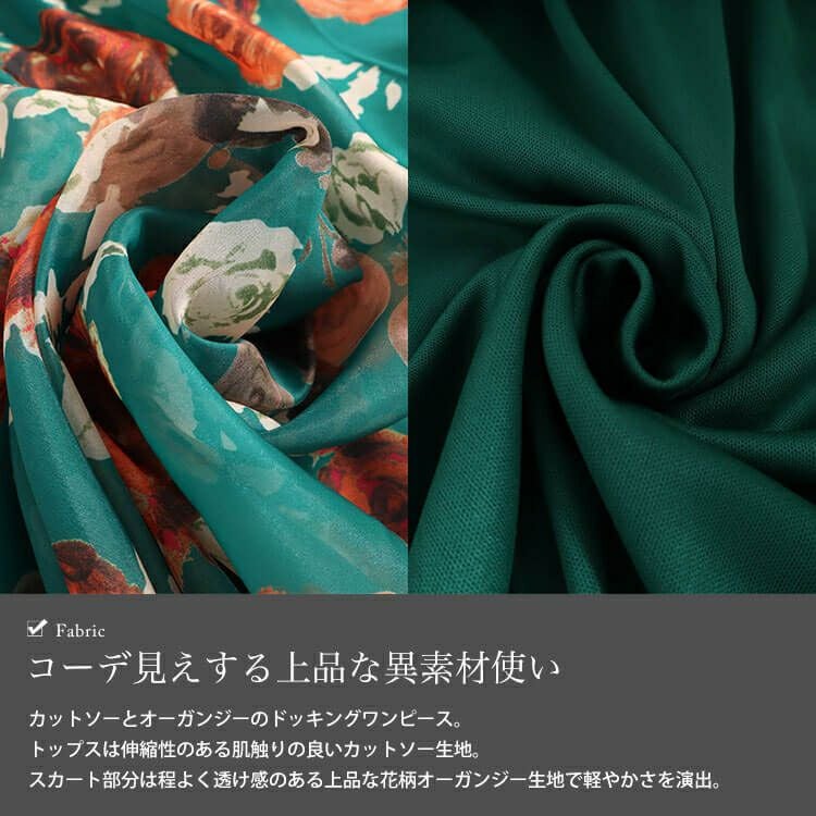 大きいサイズ レディース オーガンジー花柄スクエアネックドッキングワンピース　nw-23039