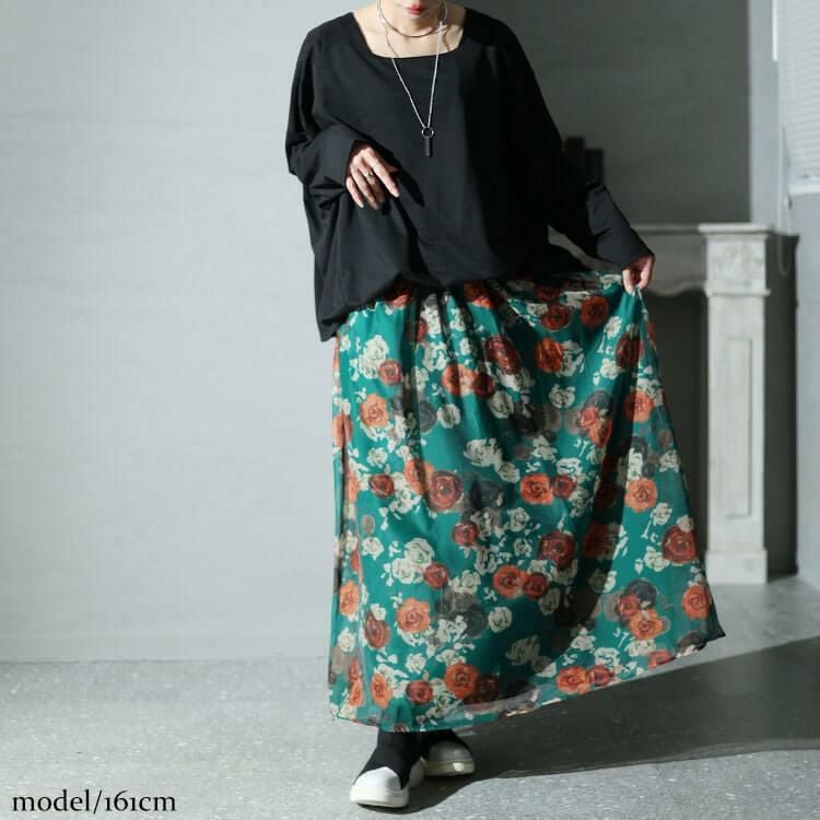 大きいサイズ レディース オーガンジー花柄スクエアネックドッキングワンピース　nw-23039 グリーン